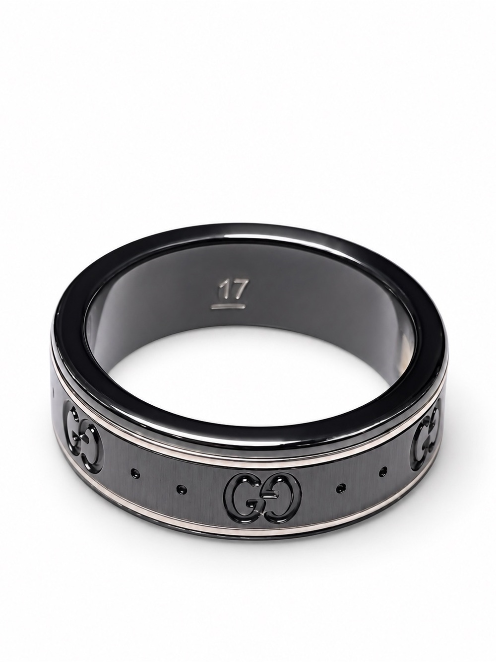 Gucci Icon Interlocking G Logo Band Ring Black Corundum 18 Karat White Gold